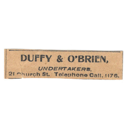 Duffy & O'Brien Undertakers Church Street Hartford 1901 Newspaper Ad AD8-HS8