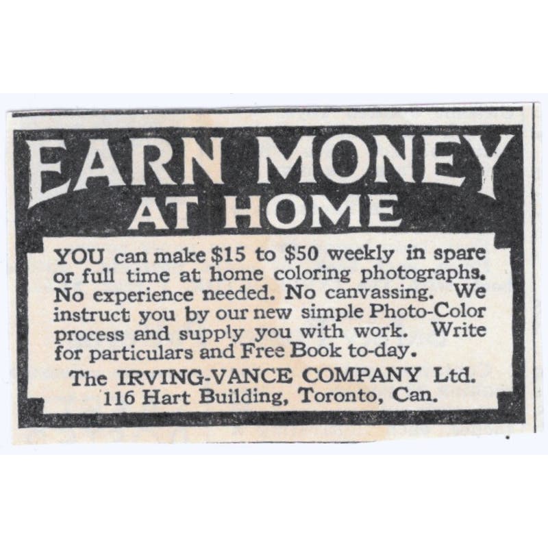 Irving-Vance Company Toronto CA Earn Money at Home 1930s Advertisement AE4-I3