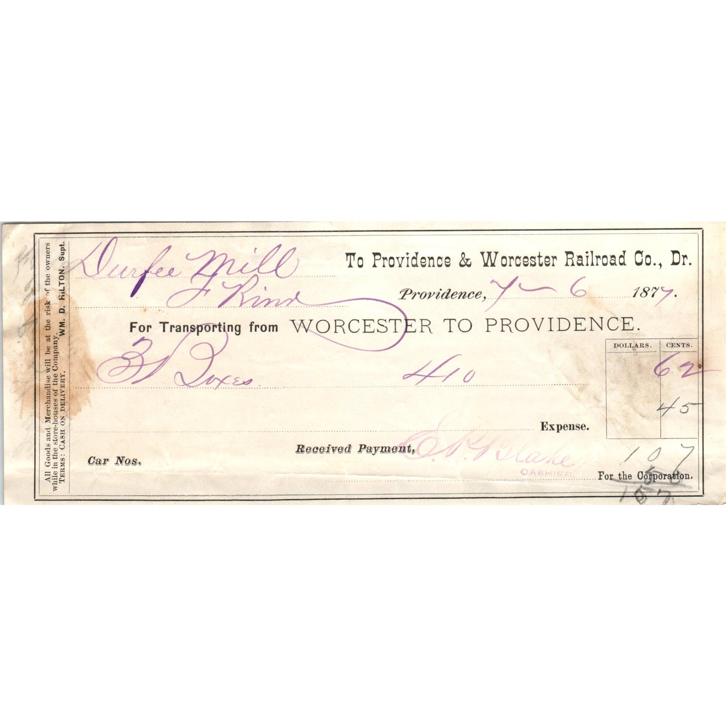 1877 Providence & Worcester Railroad Co Bank Check AD8-R2