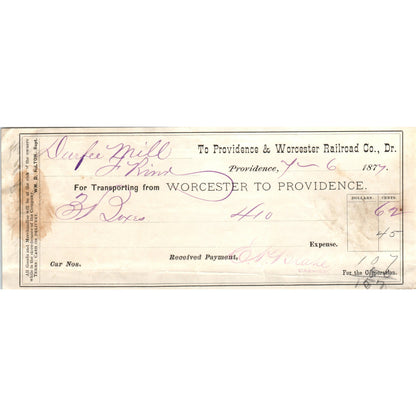 1877 Providence & Worcester Railroad Co Bank Check AD8-R2