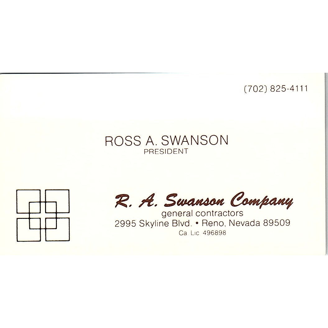 Ross A Swanson R.A. Swanson Company Reno NV Vintage Business Card SD9-B3