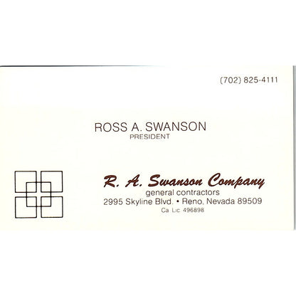 Ross A Swanson R.A. Swanson Company Reno NV Vintage Business Card SD9-B3