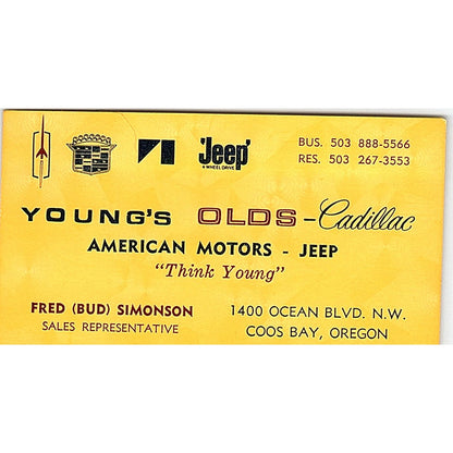 Fred Bud Simonson Young's Olds-Cadillac Coos Bay OR Vintage Business Card SD9-B8