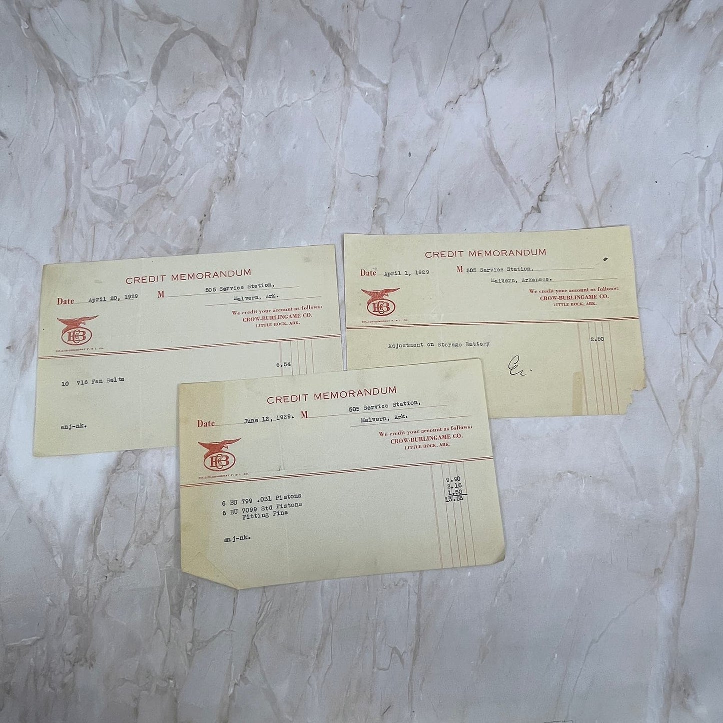 1929 Crow-Burlingame Co. Credit Memorandum Little Rock Malvern AR Lot of 3 AE4