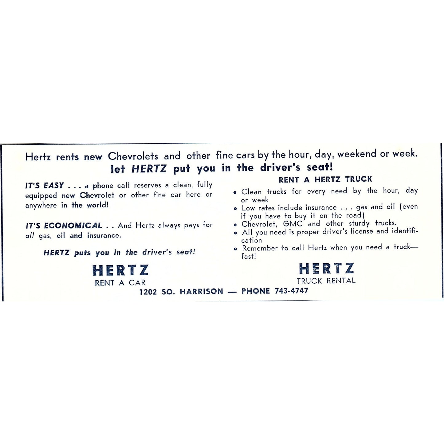 Hertz Rent-a-Car 1202 So. Harrison, Fort Wayne Indiana 1964 Ad AG1-9