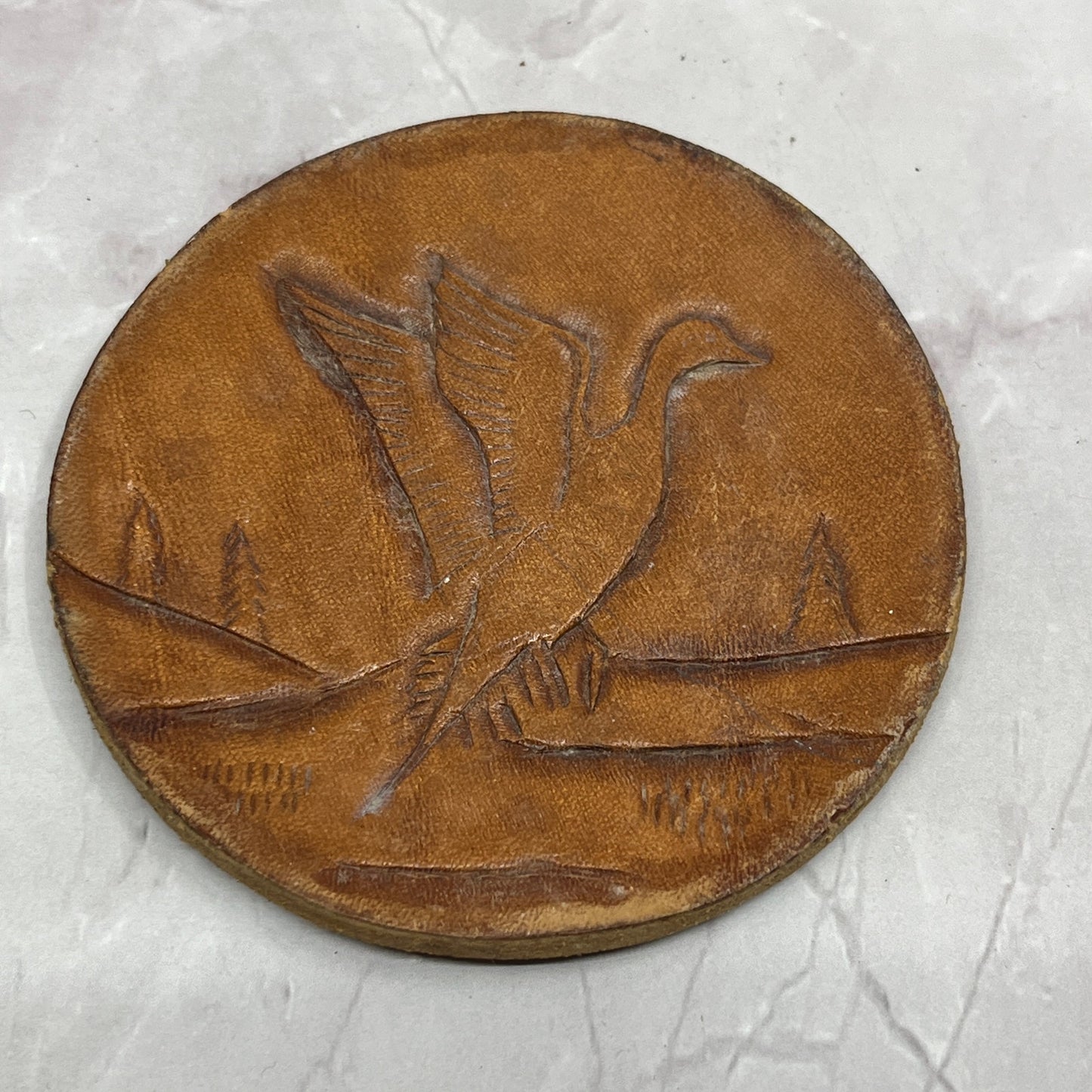 Vintage Original Handmade Leather Art Duck Medallion 3.25" SC1