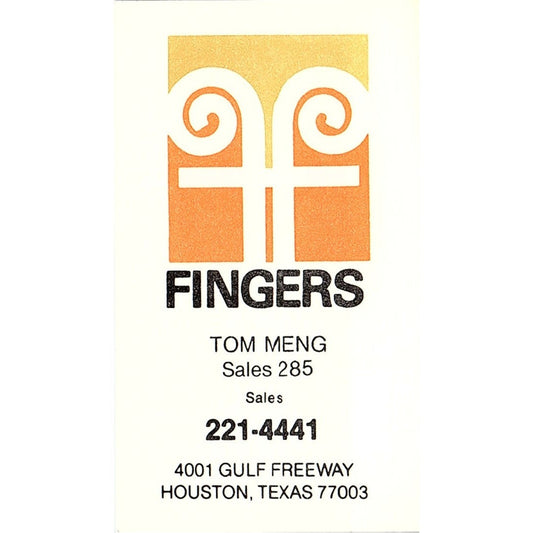 Fingers Tom Meng Sales 285 Houston Texas Vintage Business Card SF3-B3