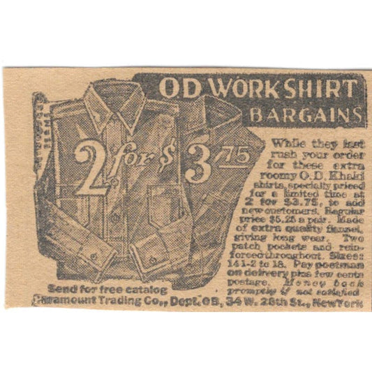 Paramount Trading Co NY OD Work Shirt 1923 Magazine Ad Clip AE1-8