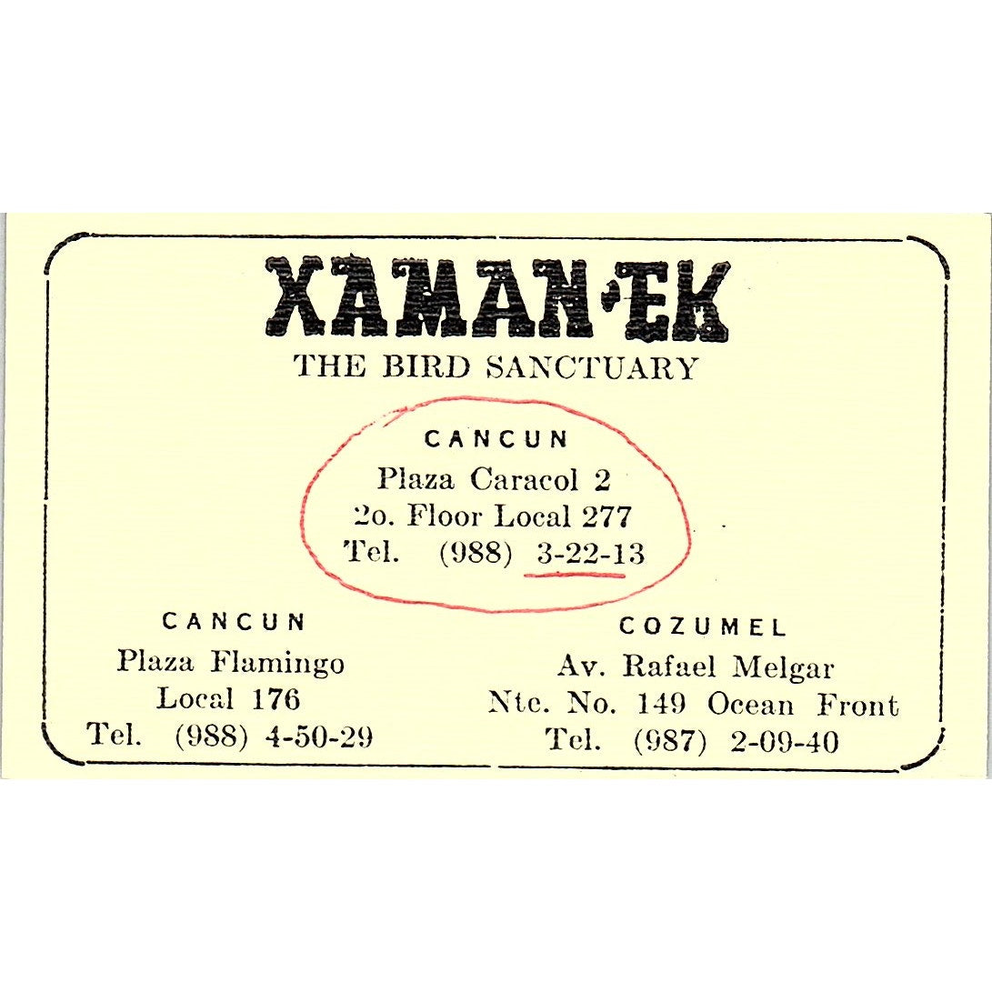Xaman Ek The Bird Sanctuary Cozumel Cancun Vintage Business Card SC9-B7