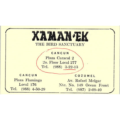Xaman Ek The Bird Sanctuary Cozumel Cancun Vintage Business Card SC9-B7