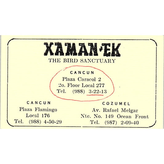 Xaman Ek The Bird Sanctuary Cozumel Cancun Vintage Business Card SC9-B7