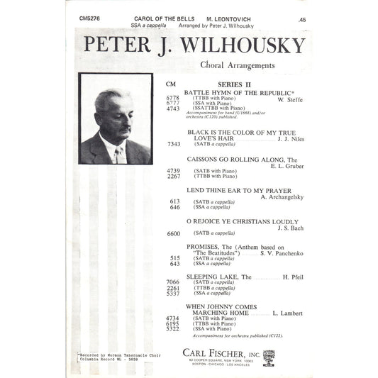 1940 Sheet Music Peter J. Wilhousky Carol of the Bells Choral Arrangements D10
