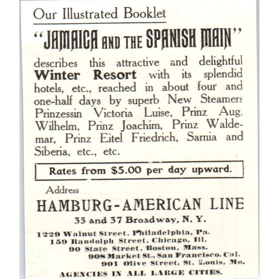 Hamburg-American Line Jamaica and the Spanish Main c1905 Advertisement AE7-A1