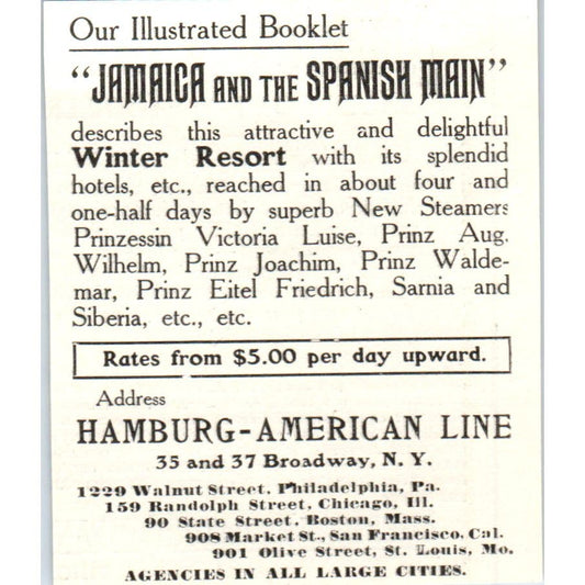 Hamburg-American Line Jamaica and the Spanish Main c1905 Advertisement AE7-A1