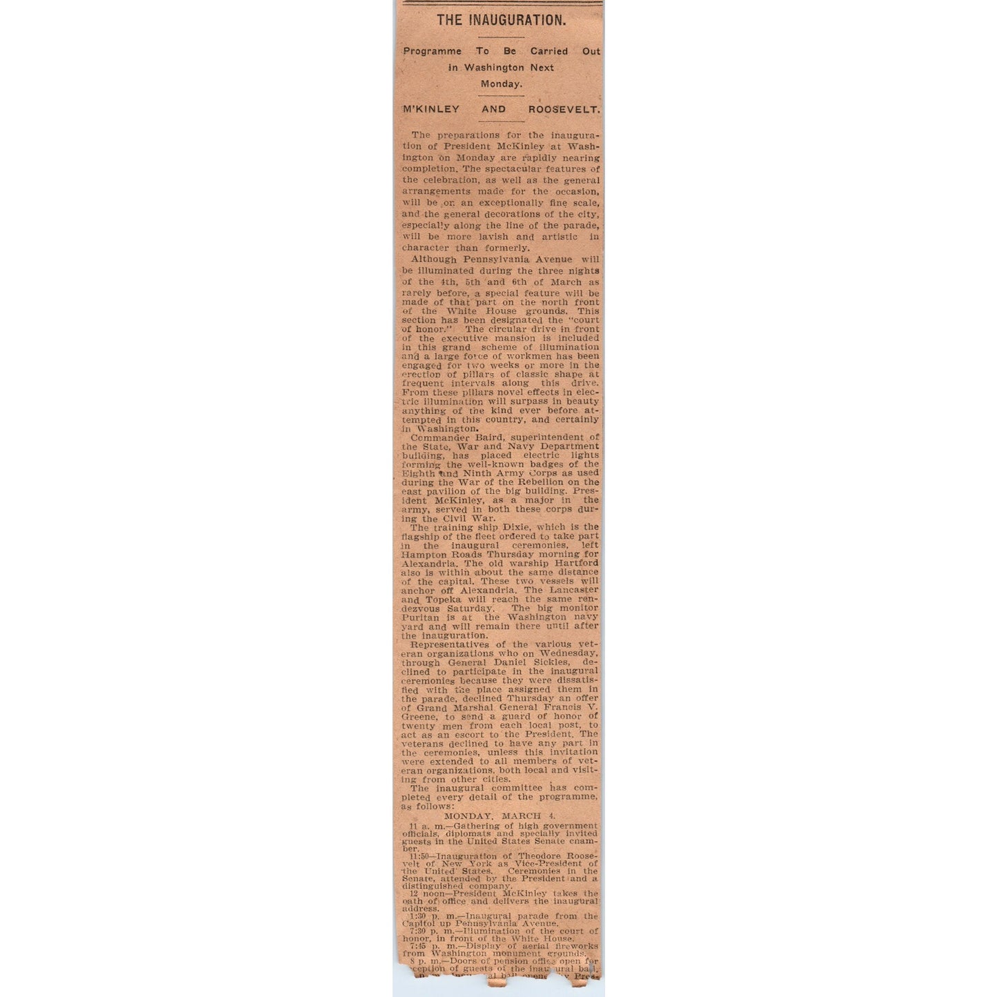 President McKinley and Roosevelt Inauguration Schedule 1901 Newspaper Ad AD8-H3
