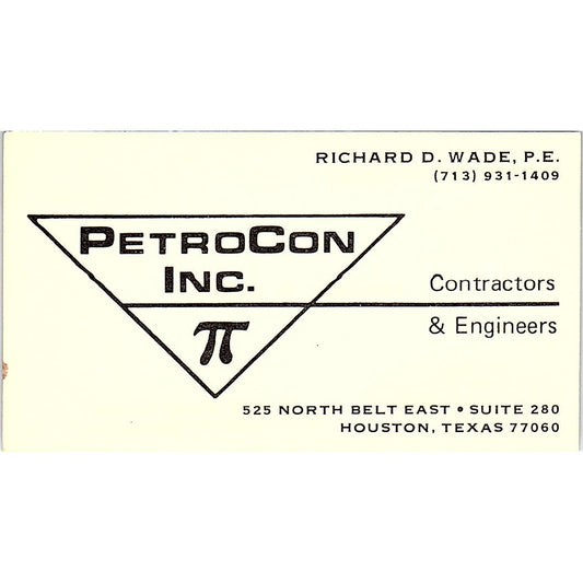 Richard D Wade PetroCon Inc Houston TX Vintage Business Card SD9-B3