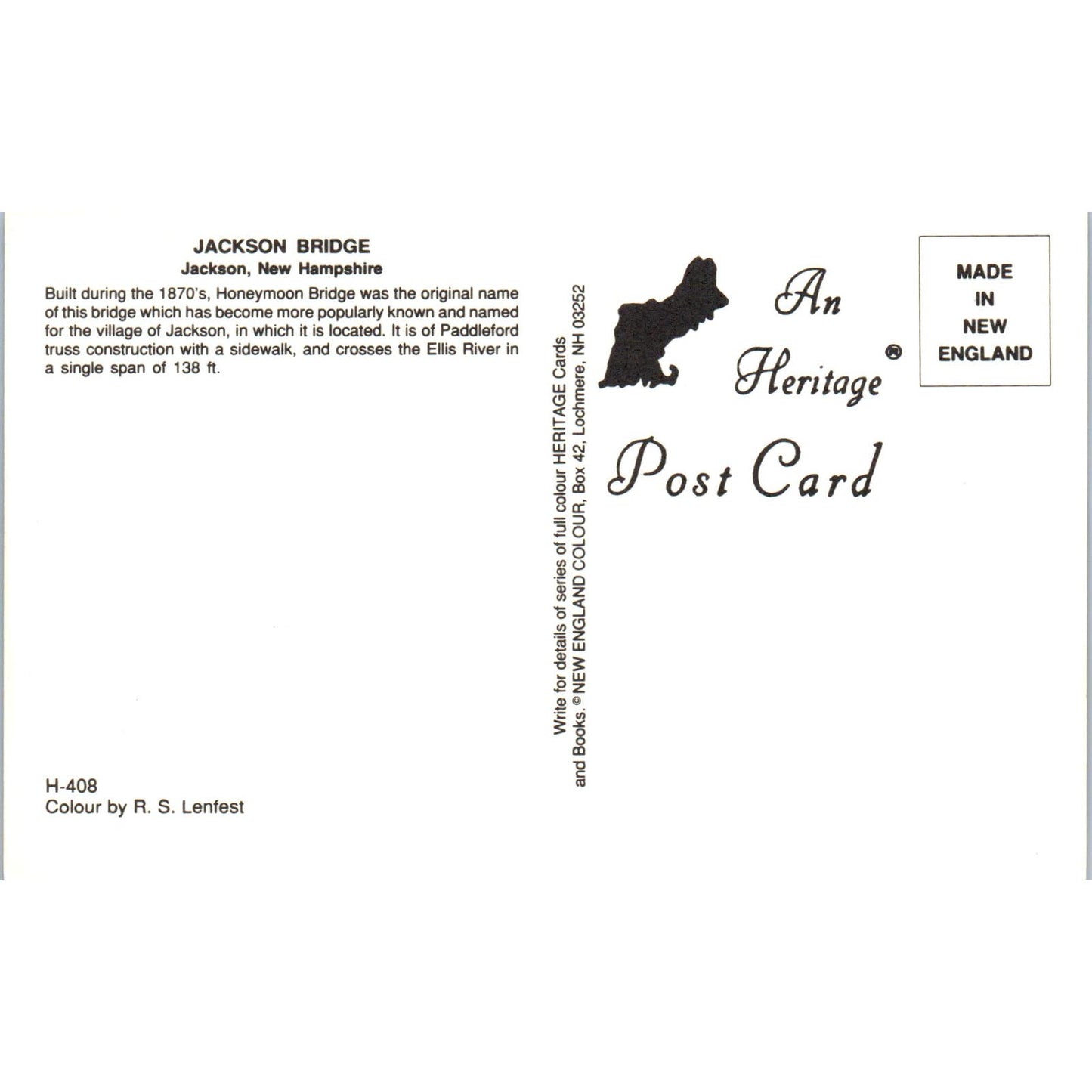 Jackson Bridge Ellis River New Hampshire Covered Bridge Postcard PC3