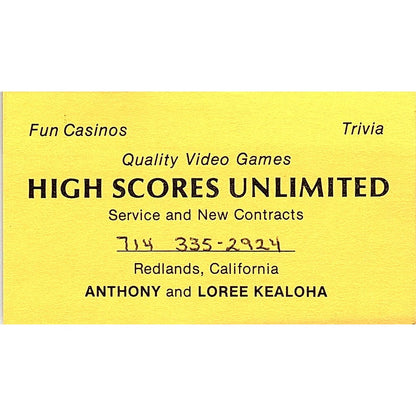 High Scores Unlimited Anthony & Loree Kealoha Redlands CA Business Card SC9-B10