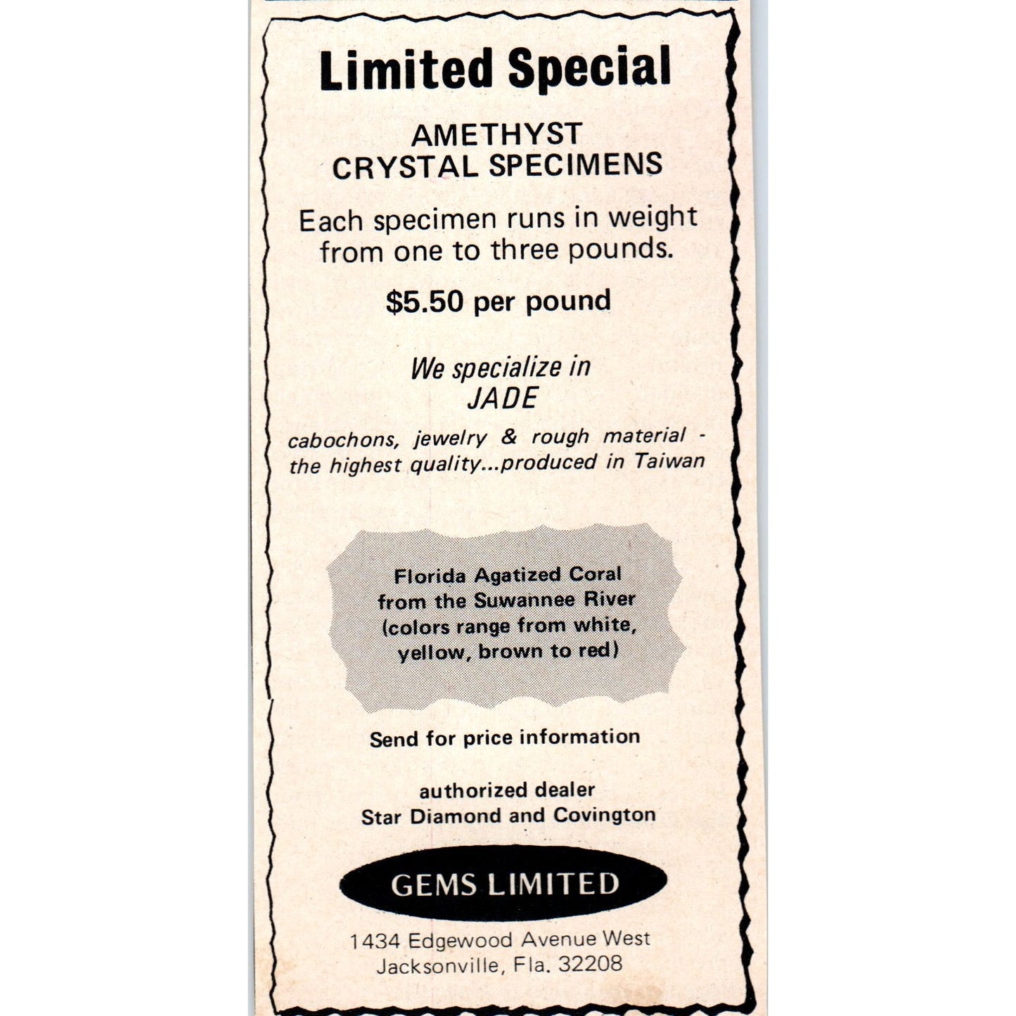 Gems Limited Amethyst Crystal Specimens Jacksonville FL 1971 Magazine Ad AD8-R9