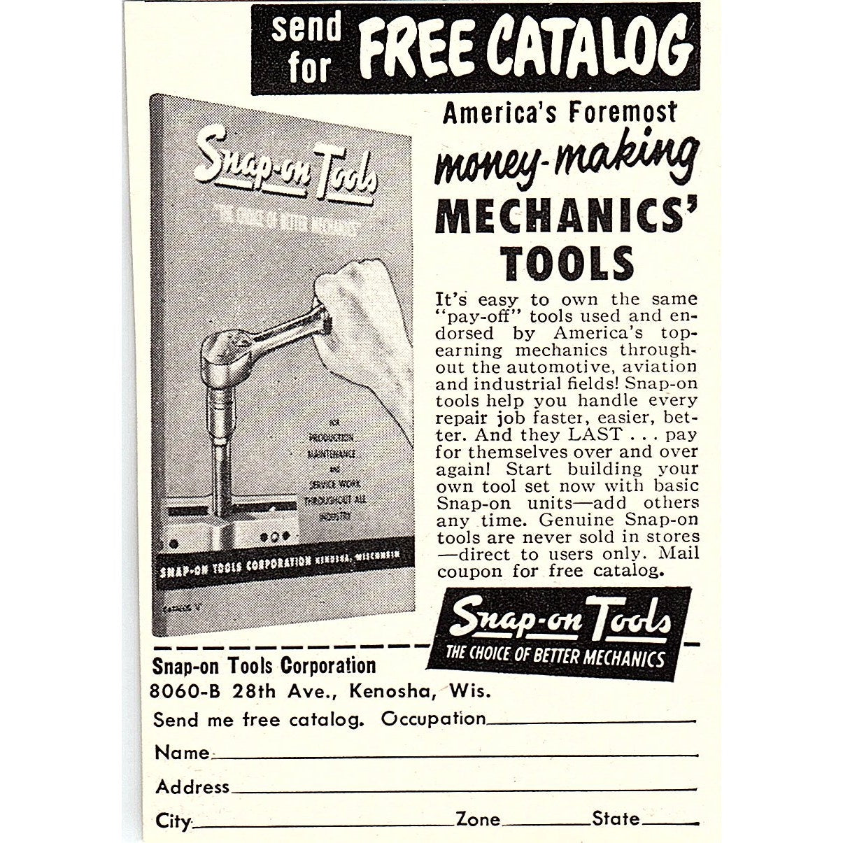 Snap-On Tools Corporation Kenosha WI 1955 Ad AF9-M1