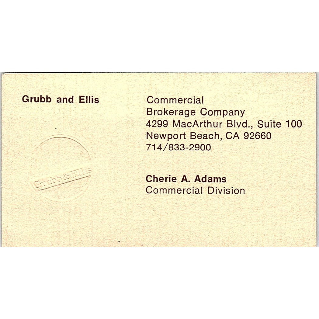 Grubb & Ellis Commercial Broker Cherie Adams Newport Beach Business Card SF3-B4