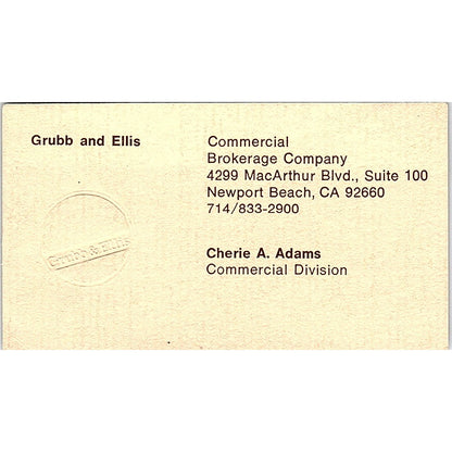 Grubb & Ellis Commercial Broker Cherie Adams Newport Beach Business Card SF3-B4
