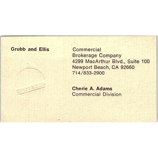 Grubb & Ellis Commercial Broker Cherie Adams Newport Beach Business Card SF3-B4