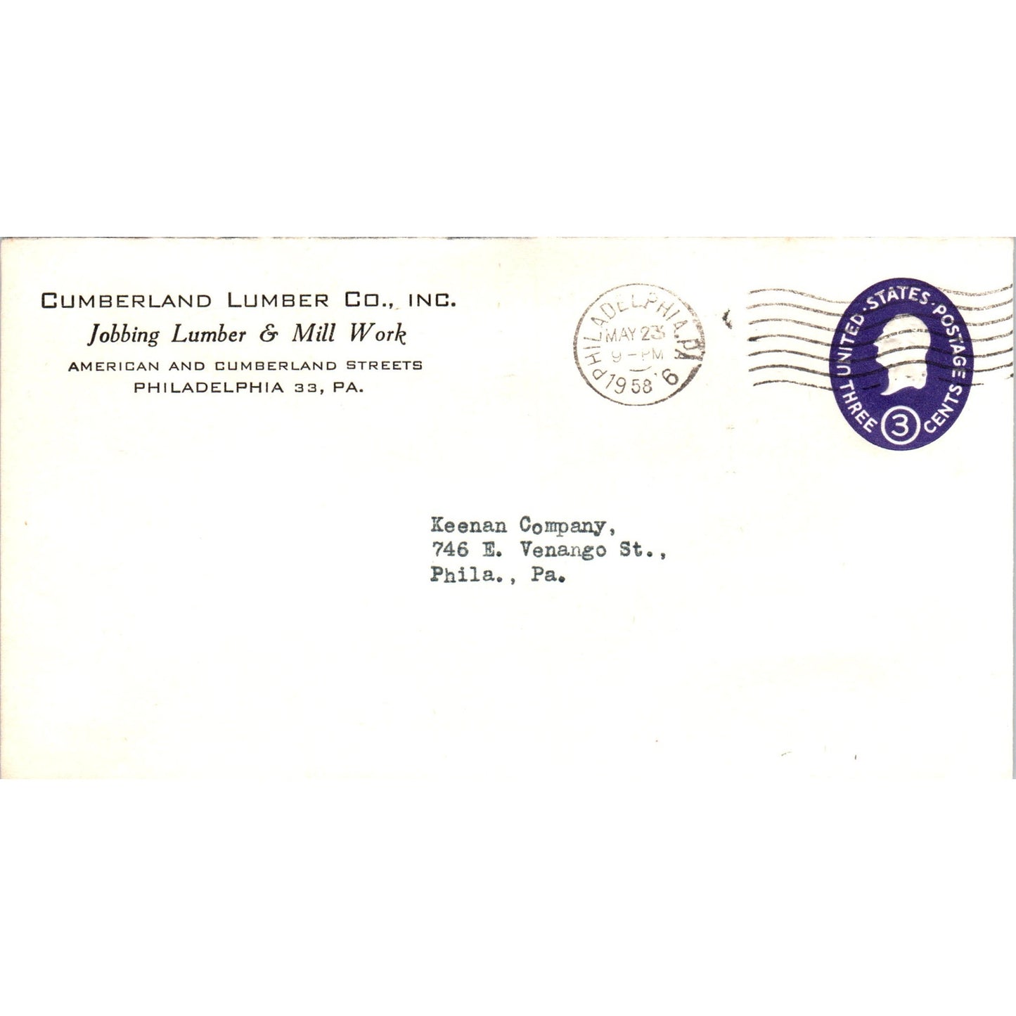 1958 Cumberland Lumber Co to Keenan Company Phila Postal Cover Envelope TG7-PC3