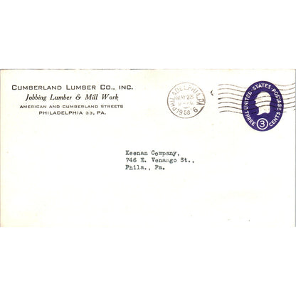 1958 Cumberland Lumber Co to Keenan Company Phila Postal Cover Envelope TG7-PC3