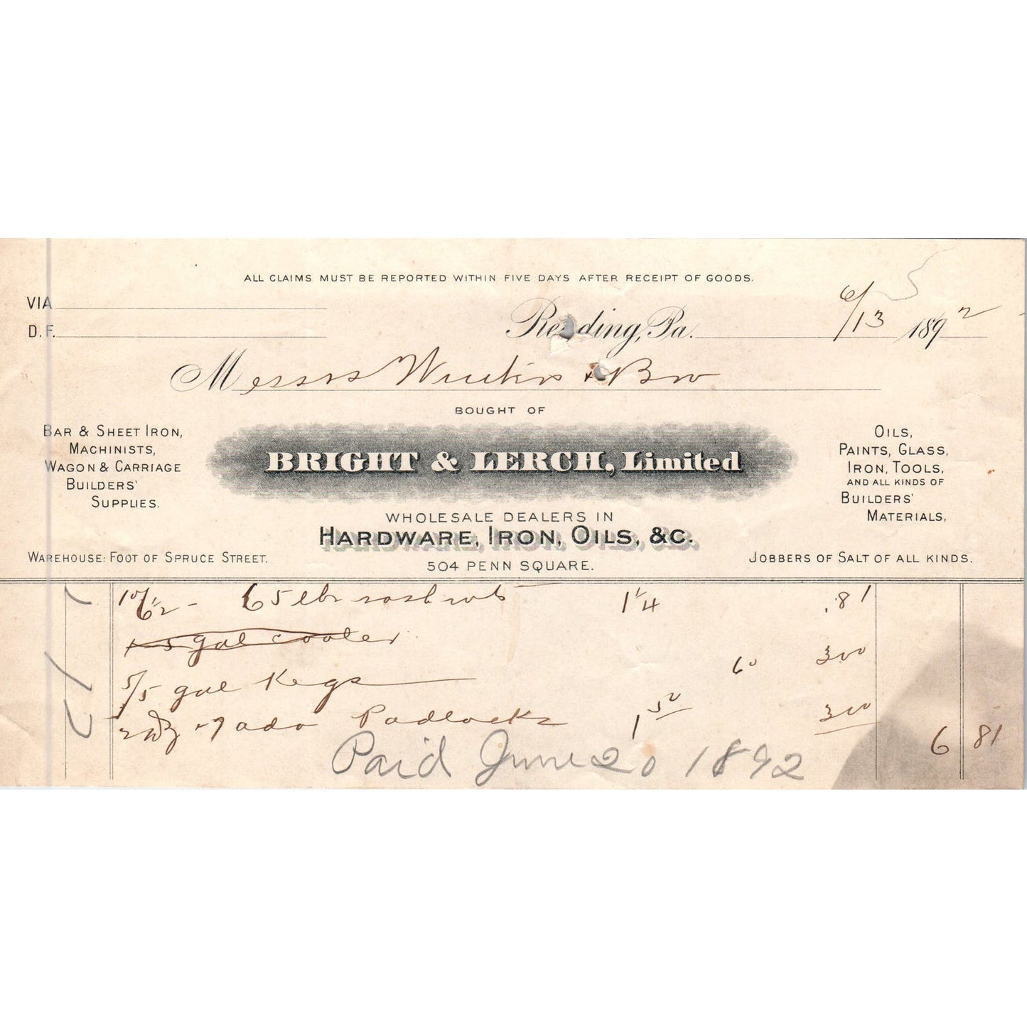 1892 Bright & Lerch Ltd Hardware Reading PA Original Billhead Receipt AE7