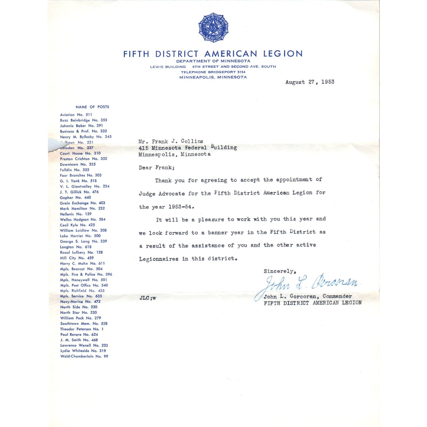 1953 Fifth District American Legion Dept of MN Set of 2 Official Letterhead D9