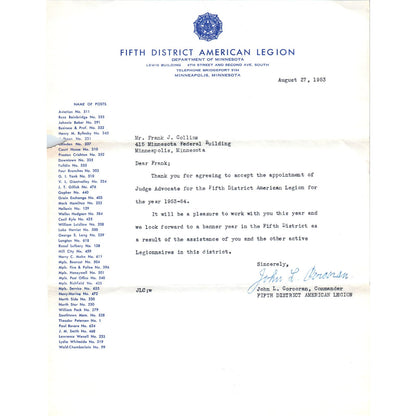 1953 Fifth District American Legion Dept of MN Set of 2 Official Letterhead D9