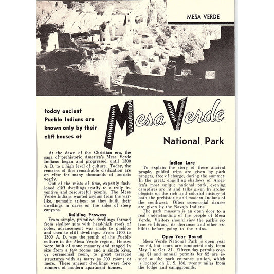 Mesa Verde National Park Colorado 1958 Ad AG1-7