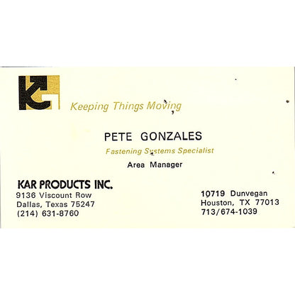 Pete Gonzales Kar Products Inc Dallas Houston Vintage Business Card SE3-B13