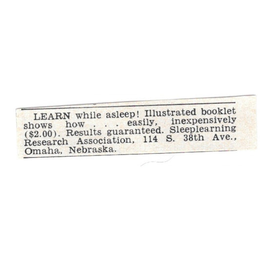 Learn While Asleep Sleeplearining Research Association, Omaha NE 1955 Ad AG1-S9