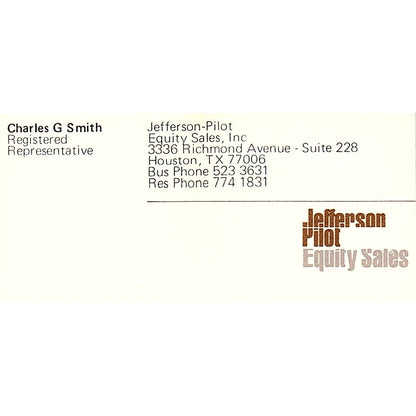 Charles G Smith Jefferson Pilot Equity Houston Vintage Business Card SD9-B6