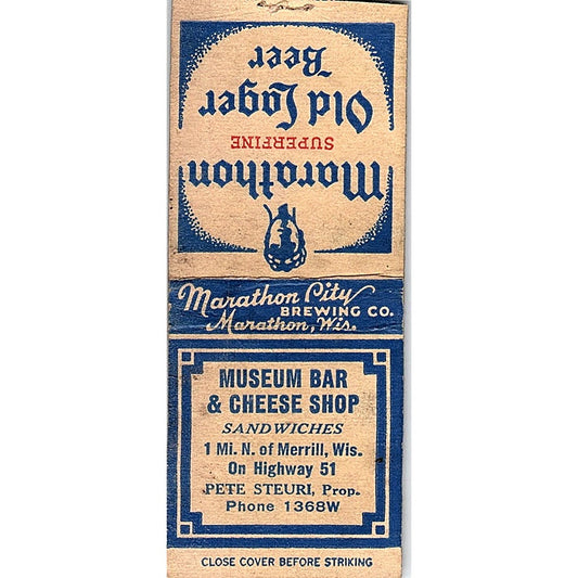Museum Bar & Cheese Stop Pete Steuri Merrill WI Vintage Matchbook Cover SC7-Y5