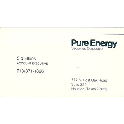 Pure Energy Securities Sid Elkins Houston Texas Vintage Business Card SF3-B5