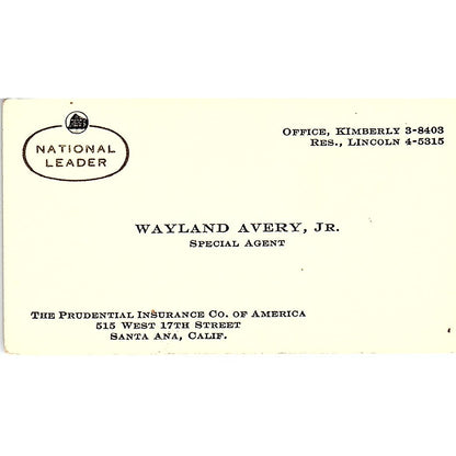 The Prudential Insurance Company Wayland Avery Santa Ana CA Business Card SB4-B3