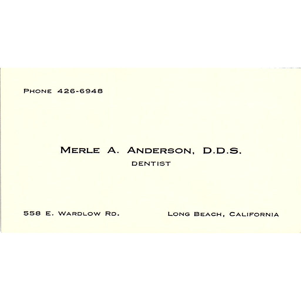 Dr Merle A Anderson DDS Dentist Long Beach CA Vintage Business Card SE3-B15