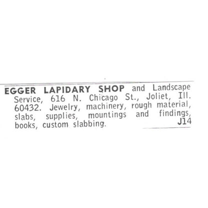 Egger Lapidary Shop and Landscape Service Joliet Illinois 1972 Ad AF8-S23