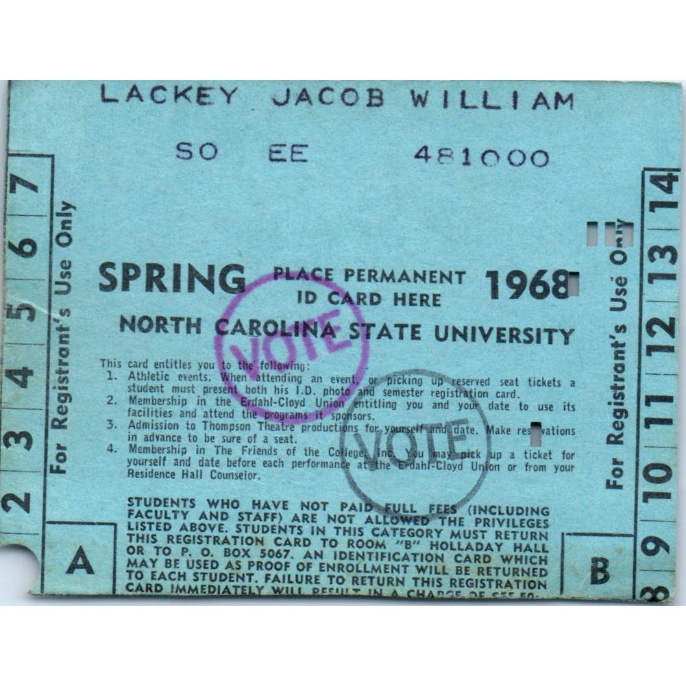 1968 Spring North Carolina State University Registration Stamped Card AF1