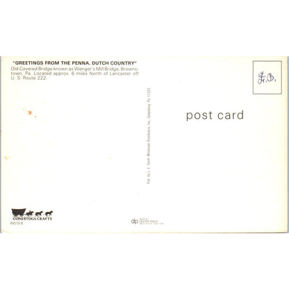 Wenger's Mill Bridge Brownstown PA Covered Bridge Postcard PB13