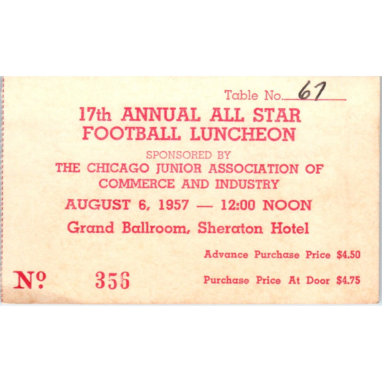 1957 All Star Football Luncheon Stub Chicago Junior Association of Commerce AE6