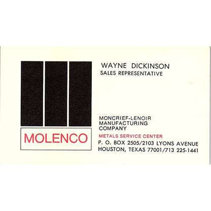 Wayne Dickinson Molenco Moncrief-Lenoir Houston TX Vintage Business Card SD9-B5