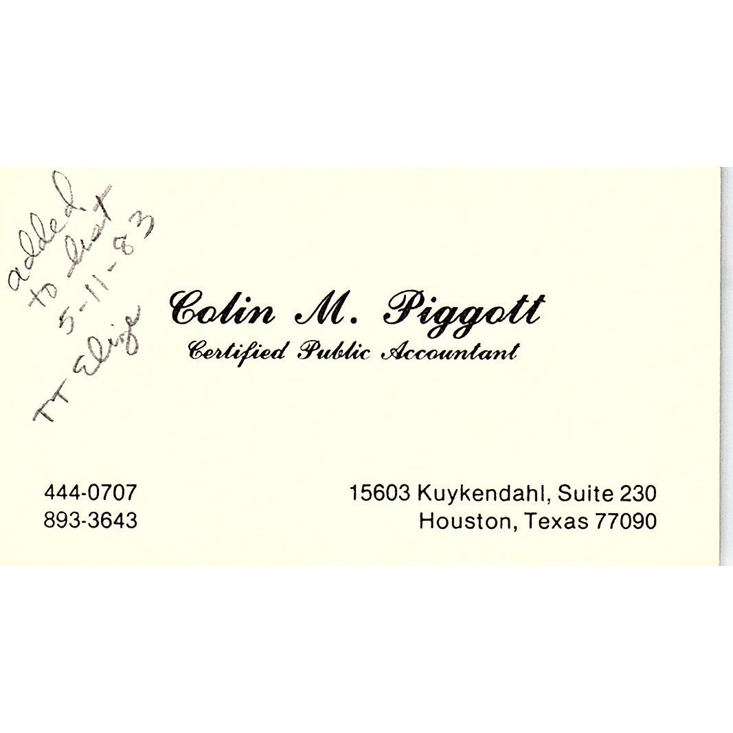 Colin M Piggott CPA Houston Vintage Business Card SD9-B1