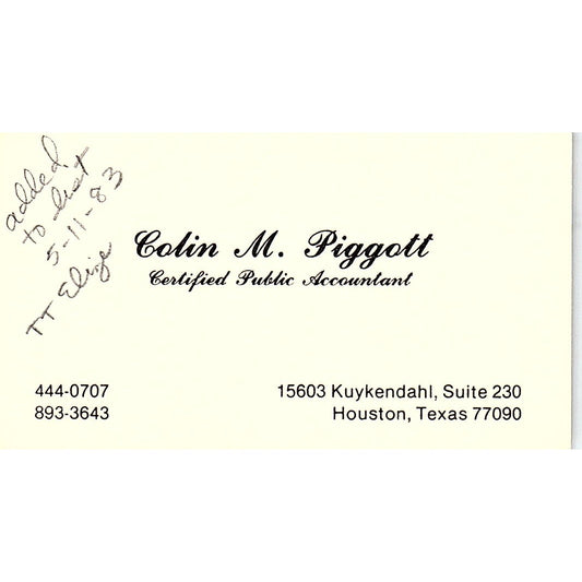 Colin M Piggott CPA Houston Vintage Business Card SD9-B1
