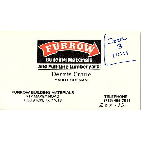 Dennis Crane Furrow Building Materials Houston Vintage Business Card SD9-B14