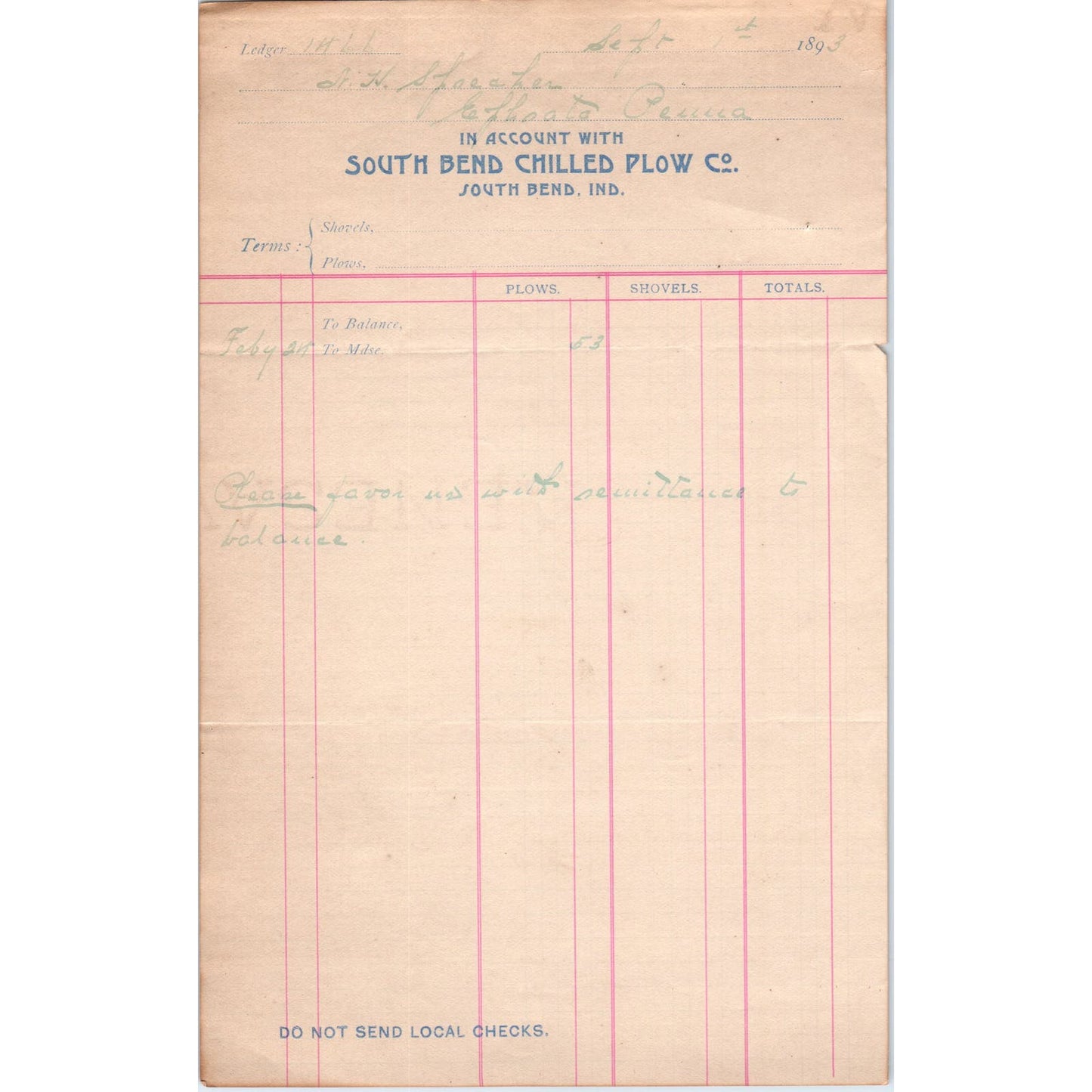 1893 South Bend Chilled Plow Co Indiana Billhead Receipt D11