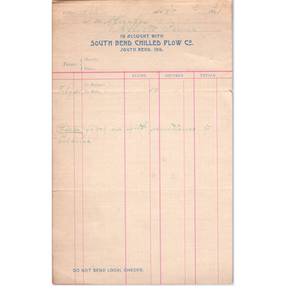 1893 South Bend Chilled Plow Co Indiana Billhead Receipt D11